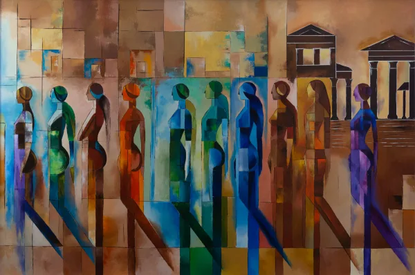 Human.exe, Figuratif, 2025, 195 × 130 cm, toile de Sabine Vandermouten
