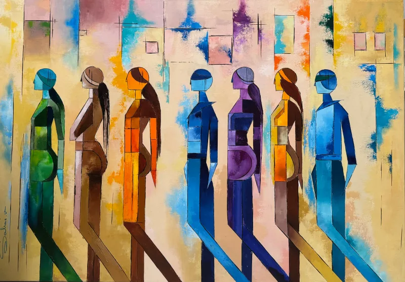 Les ames en marche, Figuratif, 2026, 100 × 70 cm, toile de Sabine Vandermouten