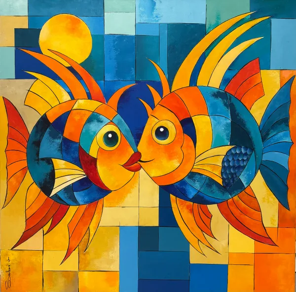 Fish and kiss, Figuratif, 2026, 80 × 80 cm, toile de Sabine Vandermouten