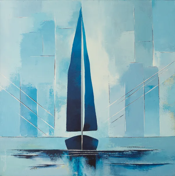 Azur, Voiliers, 2025, 60 × 60 cm, toile de Sabine Vandermouten