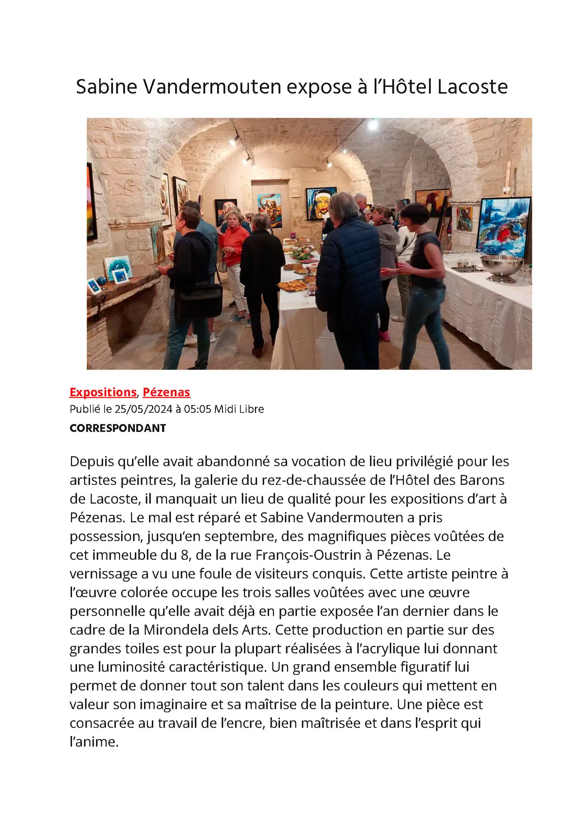 Midi Libre, Midi Libre Vernissage Exposition de Sabine Vandermouten à l'Hôtel des Barons Lacoste 2024