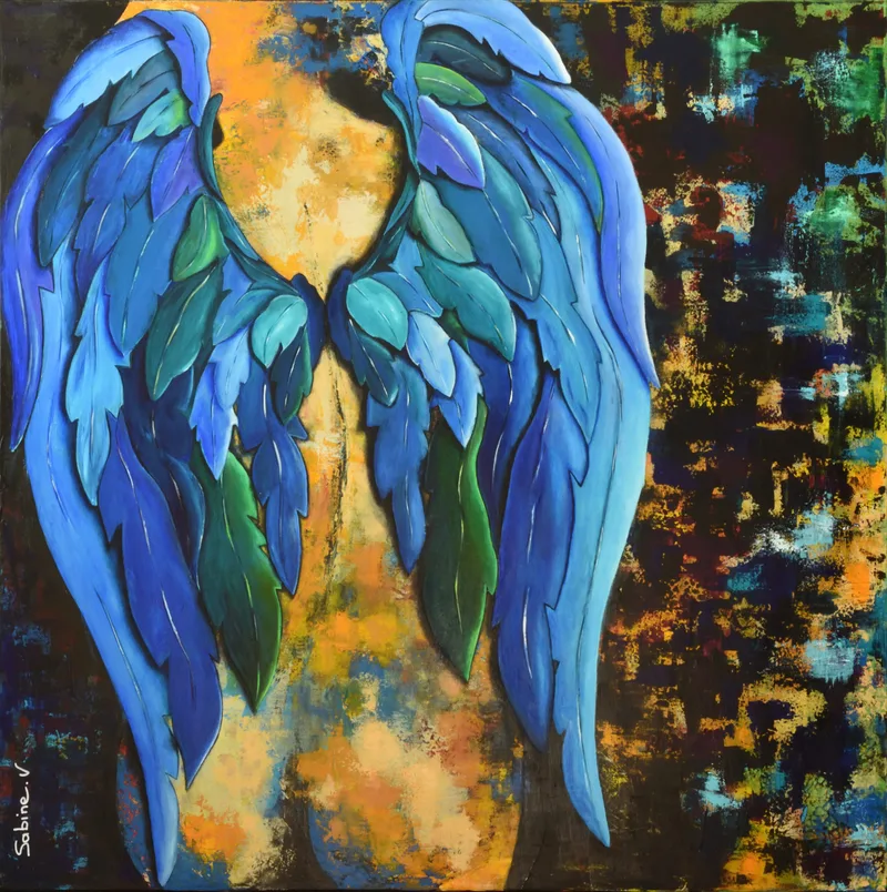 MyBlueWingsAngel, Figuratif, 2019, 100 × 100 cm, toile de Sabine Vandermouten