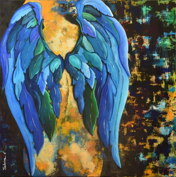 MyBlueWingsAngel, Figuratif, 2019, 100 × 100 cm, toile de Sabine Vandermouten