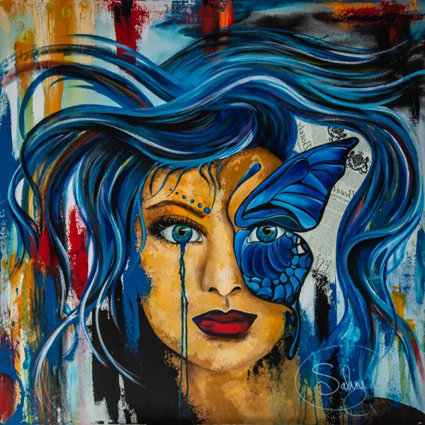 Le Papillon défie Cyané, Figuratif, 2021, 100 × 100 cm, toile de Sabine Vandermouten