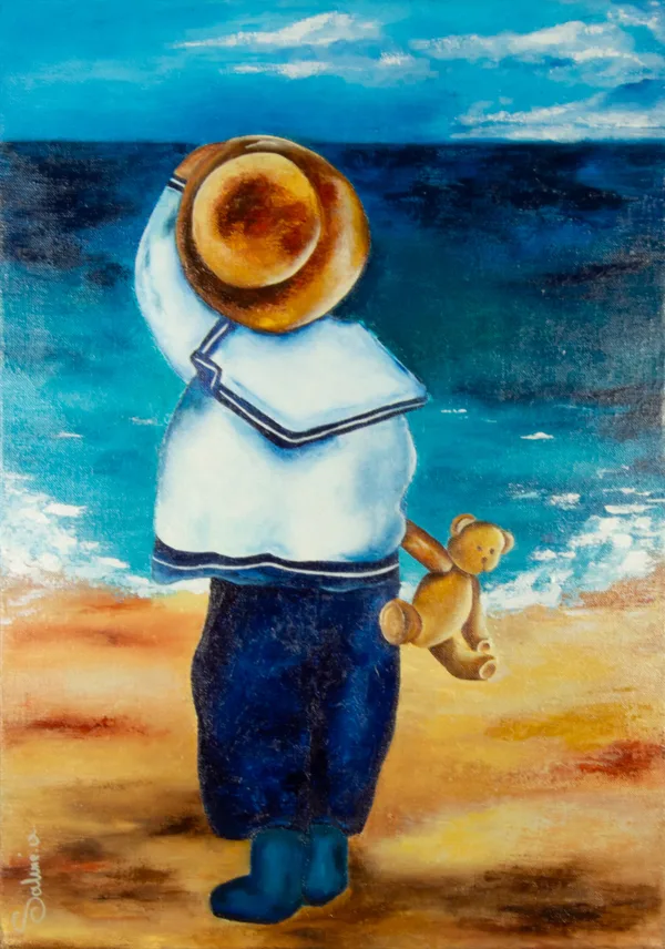 Le petit baigneur, Figuratif, 2023, 46 × 65 cm, toile de Sabine Vandermouten