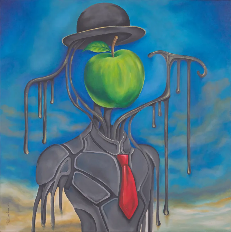Mise à jour de l'homme, Figuratif, 2026, 100 × 100 cm, toile de Sabine Vandermouten