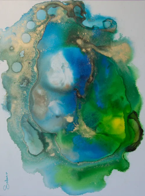Atoll, Encres, 2023, toile de Sabine Vandermouten