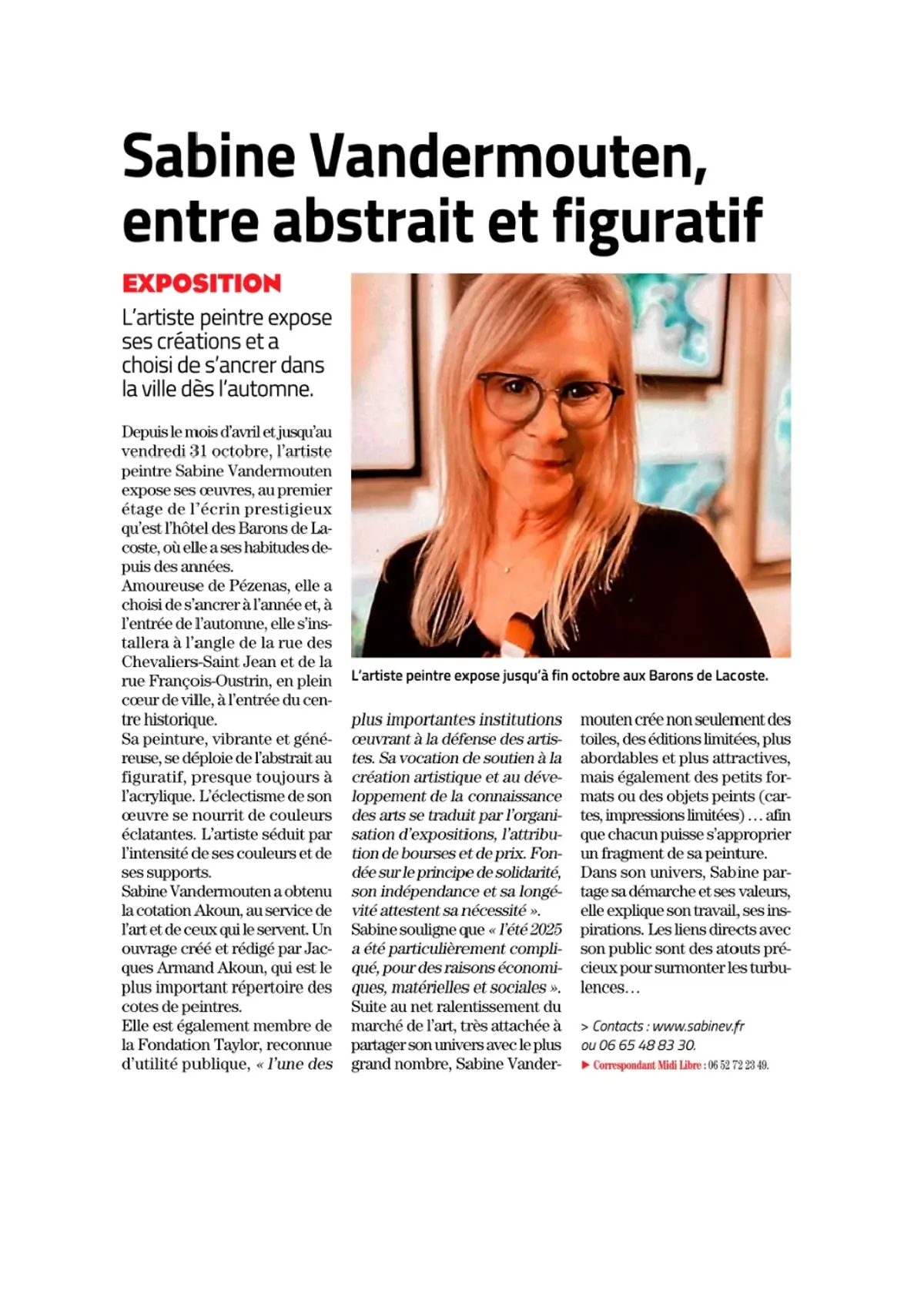 Midi Libre, Mid Libre Exposition de Sabine Vandermouten à l'Hôtel des Barons Lacoste 2025