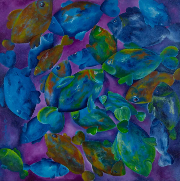Fish and Love, Figuratif, 2022, 60 × 60 cm, toile de Sabine Vandermouten
