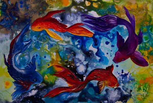 La Ronde  des poissons, Figuratif, 2022, 73 × 50 cm, toile de Sabine Vandermouten