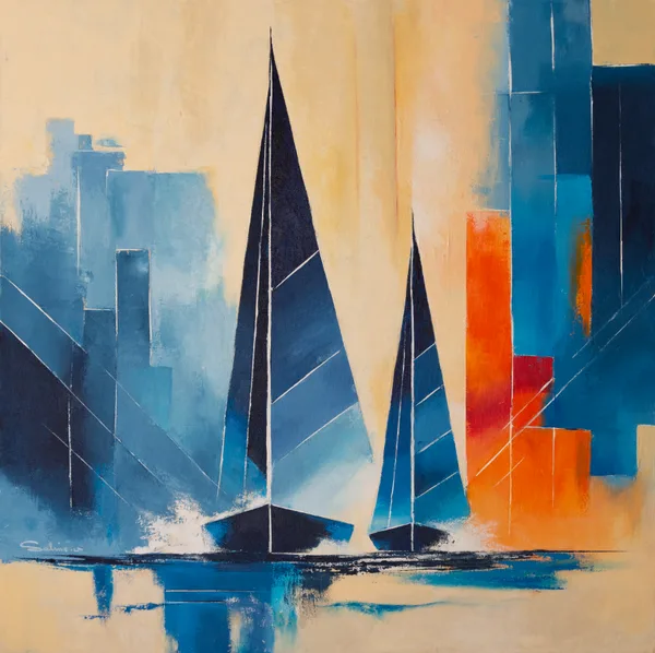 Echo du Large, Voiliers, 2025, 80 × 80 cm, toile de Sabine Vandermouten