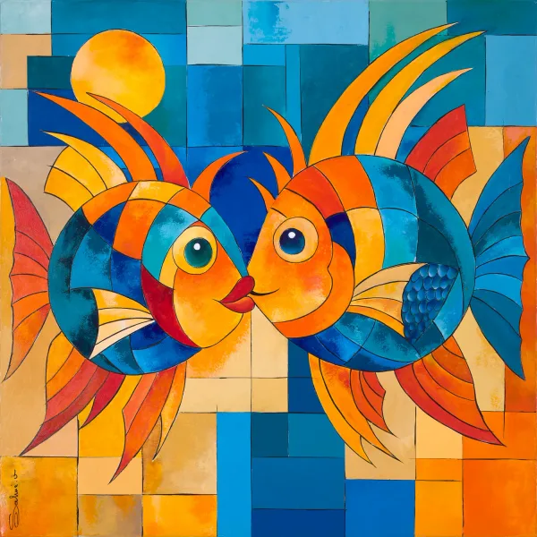 Fish and kiss, Figuratif, 2026, 80 × 80 cm, toile de Sabine Vandermouten