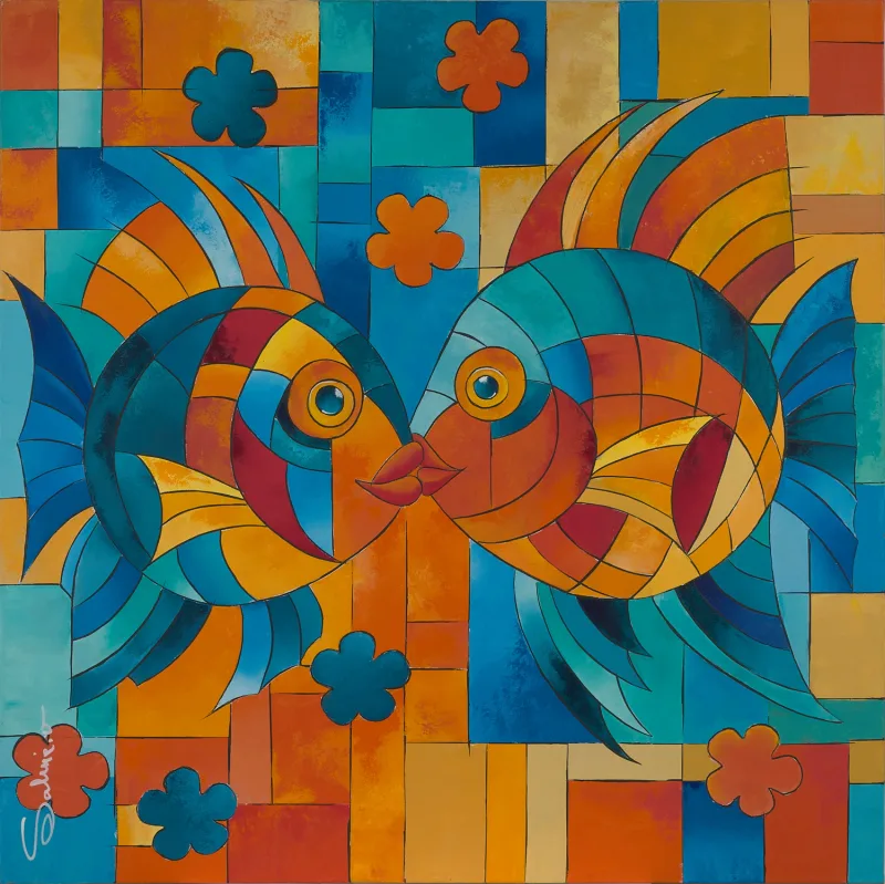 Rétro Kiss, Figuratif, 2026, 80 × 80 cm, toile de Sabine Vandermouten