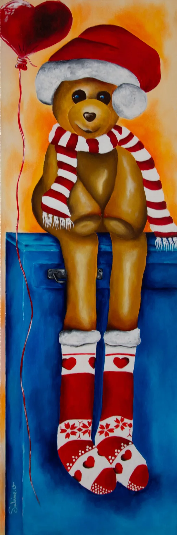 Tikou attends Noël, Figuratif, 2022, 30 × 90 cm, toile de Sabine Vandermouten