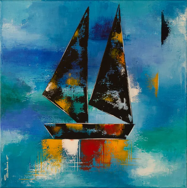 Voiles du midi, Voiliers, 2025, 50 × 50 cm, toile de Sabine Vandermouten