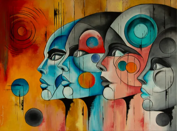 Harmonie des regards, Visages, 2025, 80 × 60 cm, toile de Sabine Vandermouten