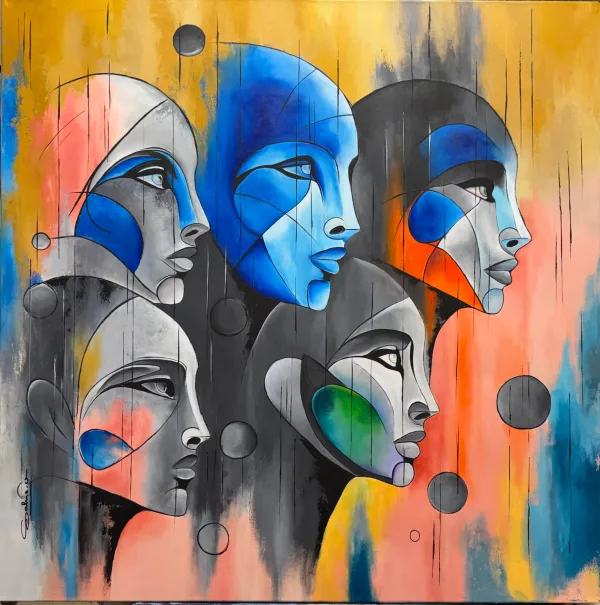 Les Androïdes, Visages, 2026, 100 × 100 cm, toile de Sabine Vandermouten
