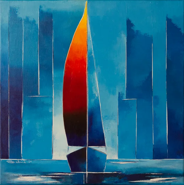 Flamme sur l'eau, Voiliers, 2025, 50 × 50 cm, toile de Sabine Vandermouten