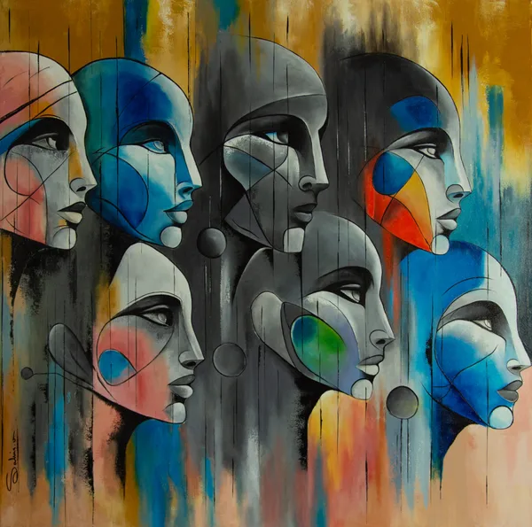 Vision du futur, Fantastique, 2025, 100 × 100 cm, toile de Sabine Vandermouten