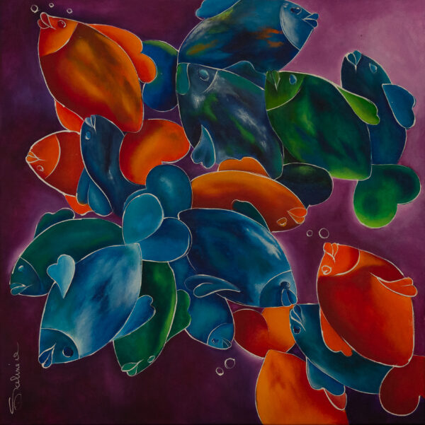 Idée cadeau : Tableau contemporain bleu “Baisers sous l’eau” de Sabine Vandermouten, artiste peintre en Occitanie