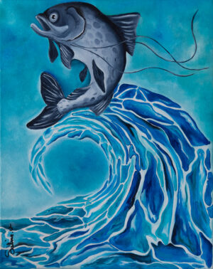 Tableau Carpe Diem – carpe (poisson) sur une vague – peinture contemporaine de Sabine Vandermouten Pézenas Hérault occitanie