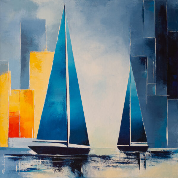 Écrin du Sud – tableau abstrait unique et original de Sabine Vandermouten , idée cadeau artistique voiliers