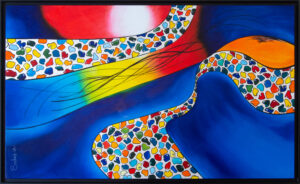 Tableau abstrait Il Camino Sabine Vandermouten aux couleurs intenses dominées par des bleus profonds . Pézenas Hérault Occitanie