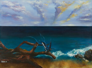 Tableau papillon sur une branche au bord de la mer – La Nature Fantastique par Sabine.V Pézenas artiste peintre Hérault Occitanie.