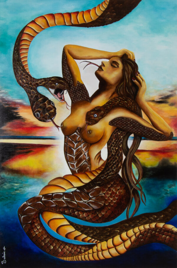 Tableau Mélusine – peinture contemporaine mythologique de la femme serpent de Sabine.V Pézenas Hérault Occitanie