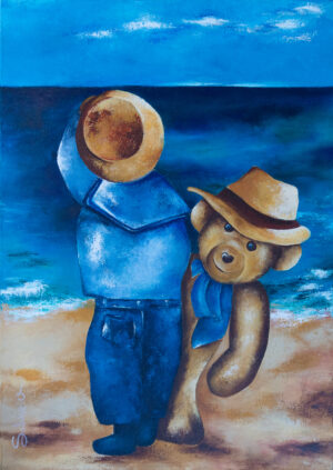 Tableau d'un enfant sur la plage avec son ours en peluche – Teddy par Sabine Vandermouten Pézenas Hérault Occitanie
