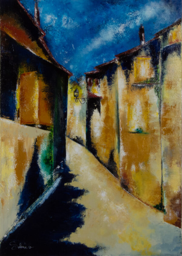Tableau ruelle village Sud de la France – Vers la lumière par Sabine Vandermouten Hérault Occitanie
